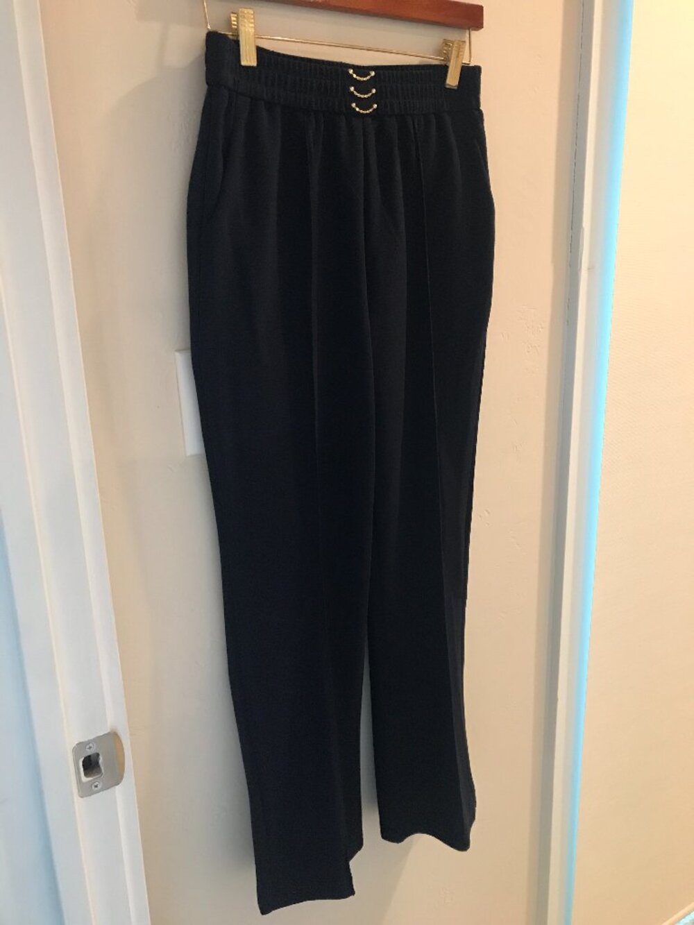 AIRY GRACE NAVY PULL UP SLACKS ELASTIC WAISTBAND GOLD DECRATIVE CHAINS ON FRONT